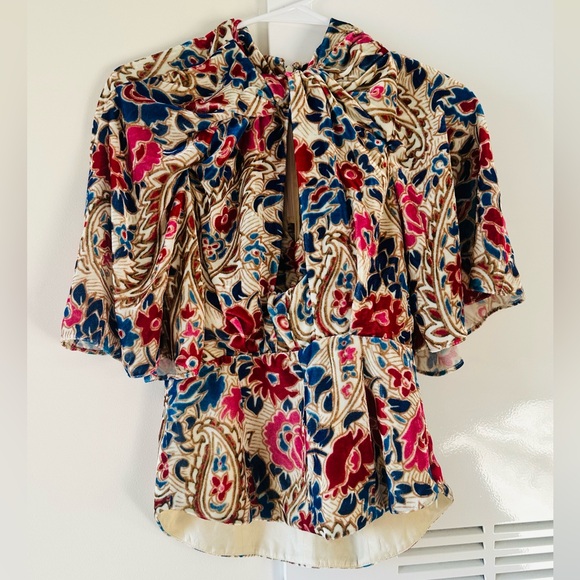 ♦️ ISABEL MARANT Mucio knotted printed velvetpeplum top Size 34 US Size 2